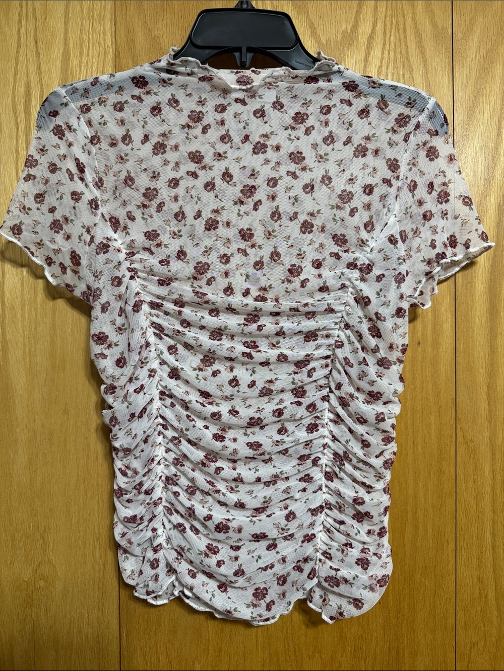 Kori White Mesh Short-Sleeve Top with Burgundy Floral Print